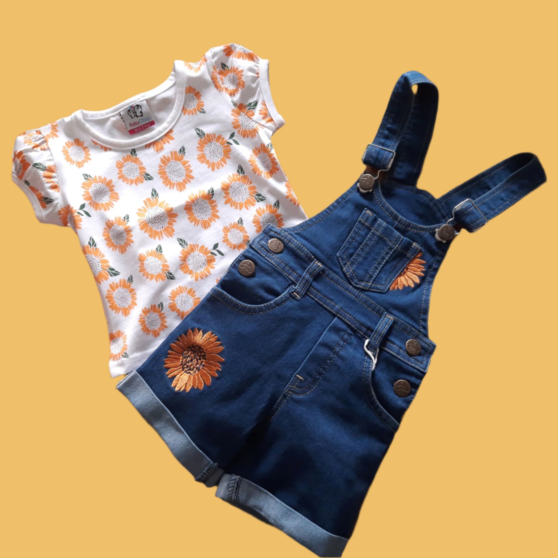 Orange & Blue Girls Denim Dungaree Shorts Set with White Flower Printed Top 2-Piece Summer Outfit for 1-6 years old girl - BabyChirp 