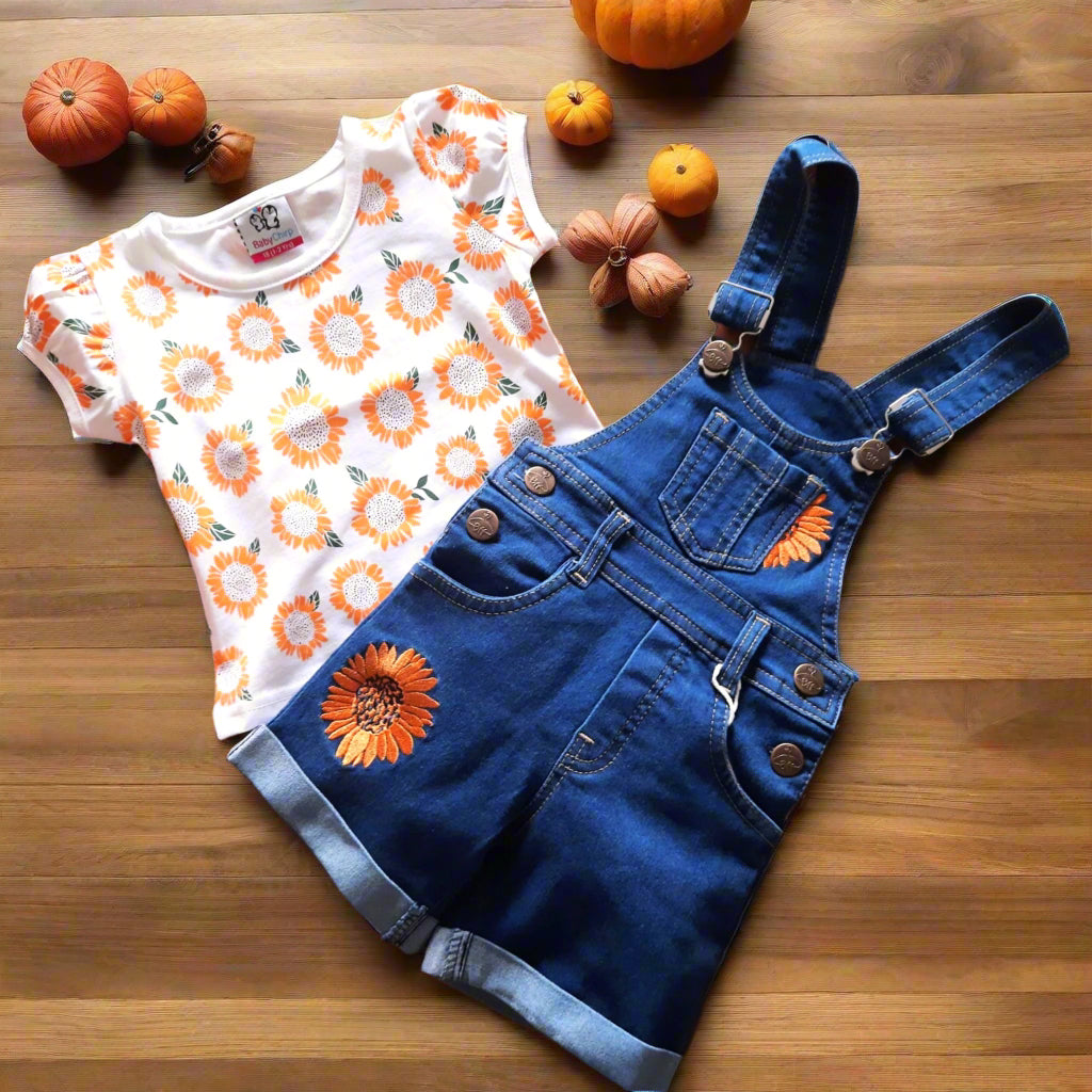 Orange & Blue Girls Denim Dungaree Shorts Set with White Flower Printed Top 2-Piece Summer Outfit for 1-6 years old girl - BabyChirp 