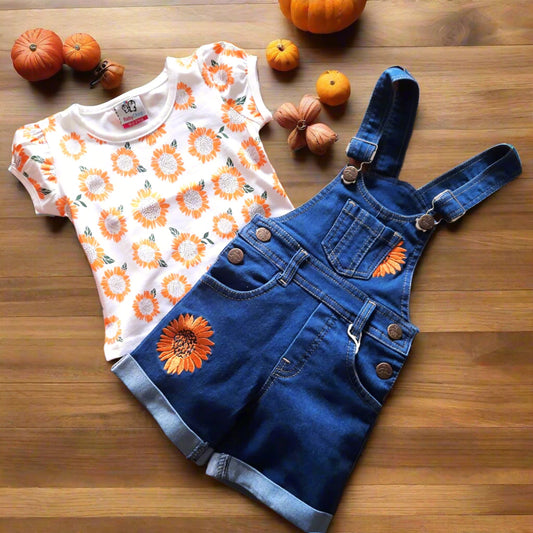 Orange & Blue Girls Denim Dungaree Shorts Set with White Flower Printed Top 2-Piece Summer Outfit for 1-6 years old girl - BabyChirp 