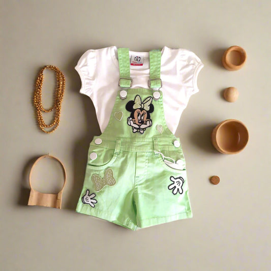 Green and White Girl's Minnie Cotton Dungaree Shorts Set with White Top 2 piece Overall Set  for 1-6 years old girl -BabyChirp 