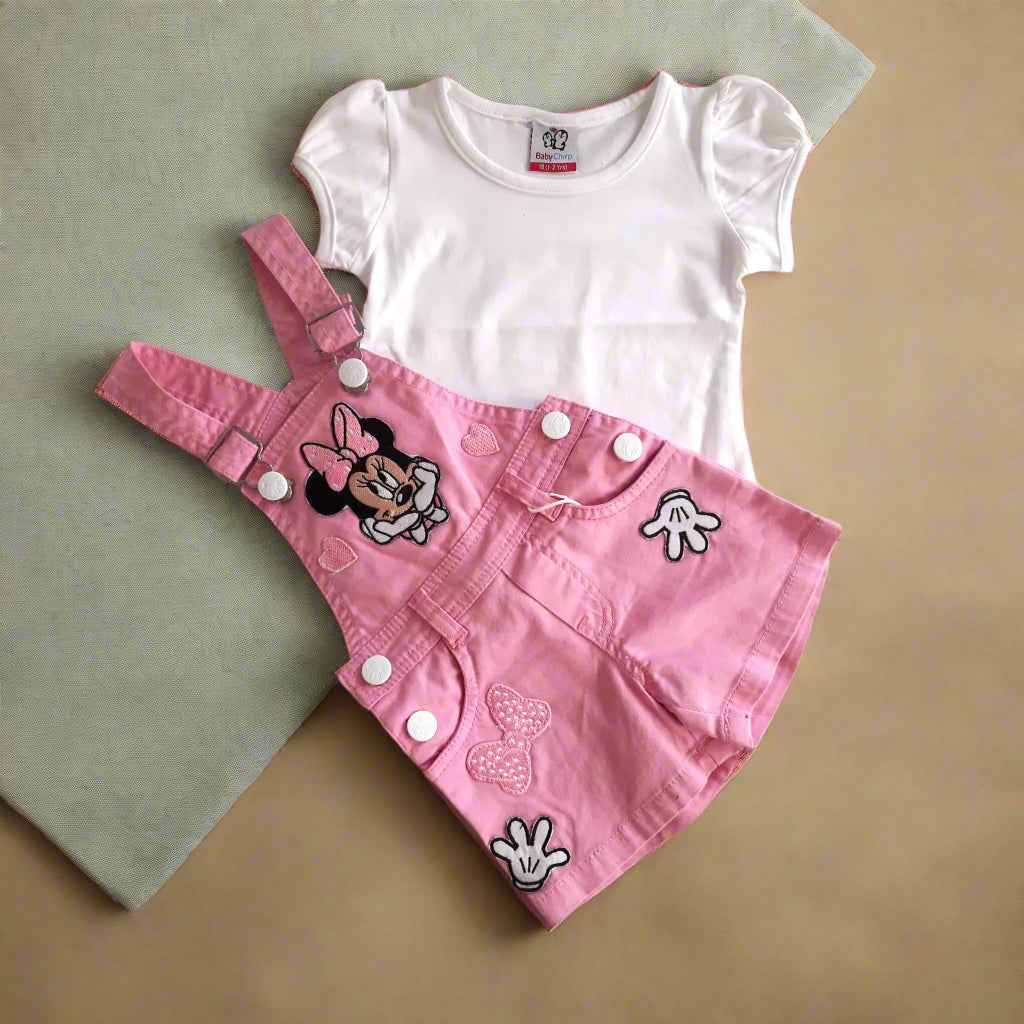 Pink & White Girl's Minnie Cotton Dungaree Shorts Set with White Top 2 piece Overall Set  for 1-6 years old girl- BabyChirp 