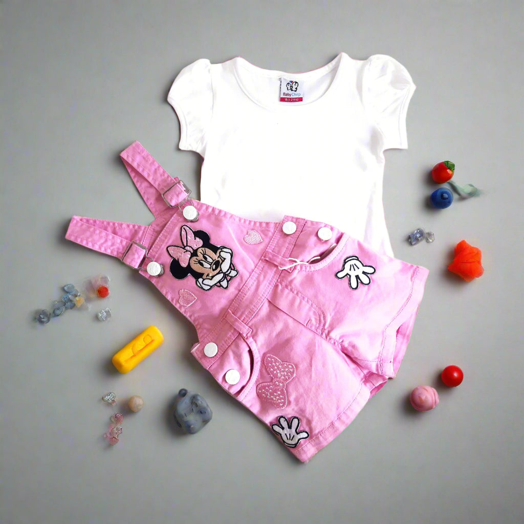 Pink & White Girl's Minnie Cotton Dungaree Shorts Set with White Top 2 piece Overall Set  for 1-6 years old girl- BabyChirp 