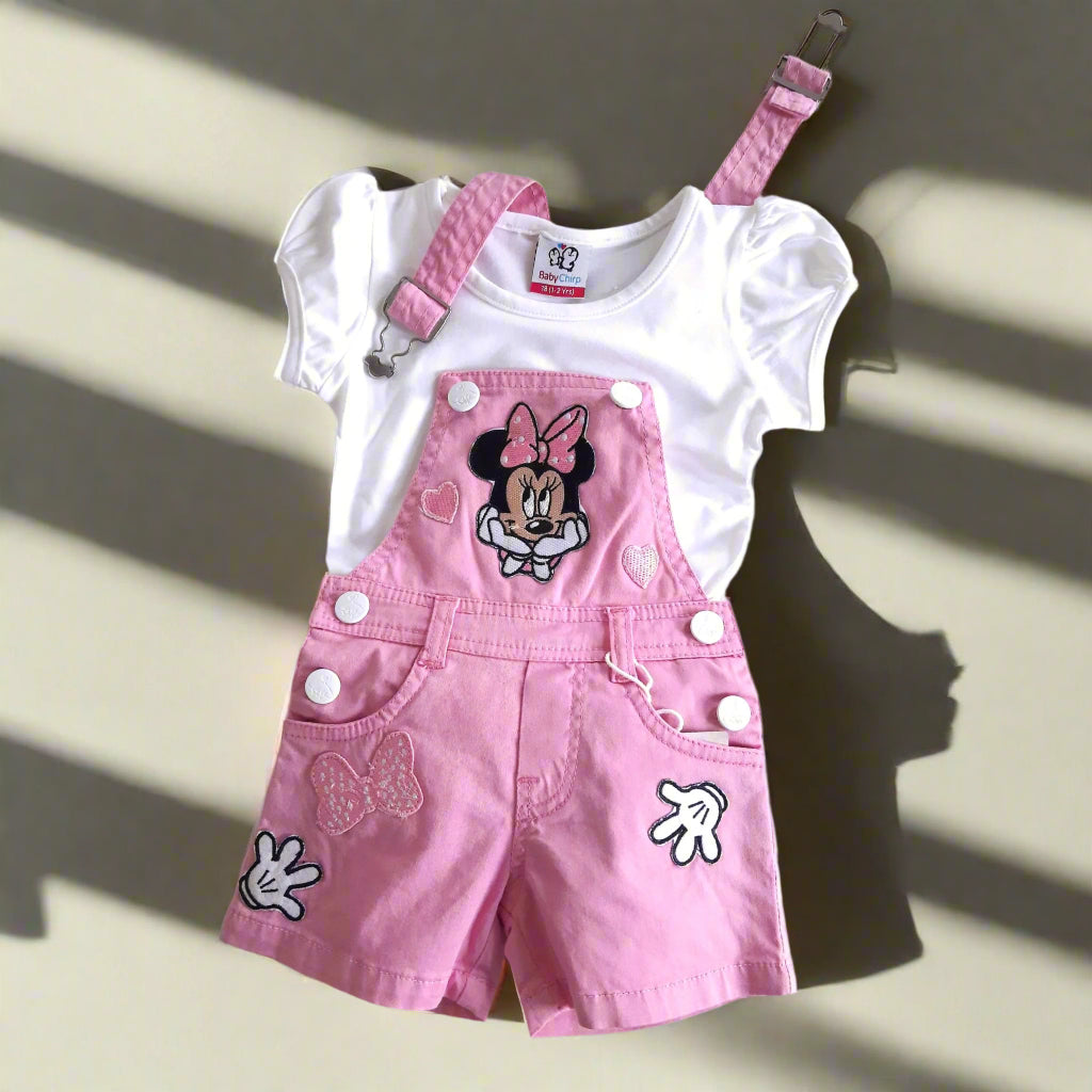Pink & White Girl's Minnie Cotton Dungaree Shorts Set with White Top 2 piece Overall Set  for 1-6 years old girl- BabyChirp 