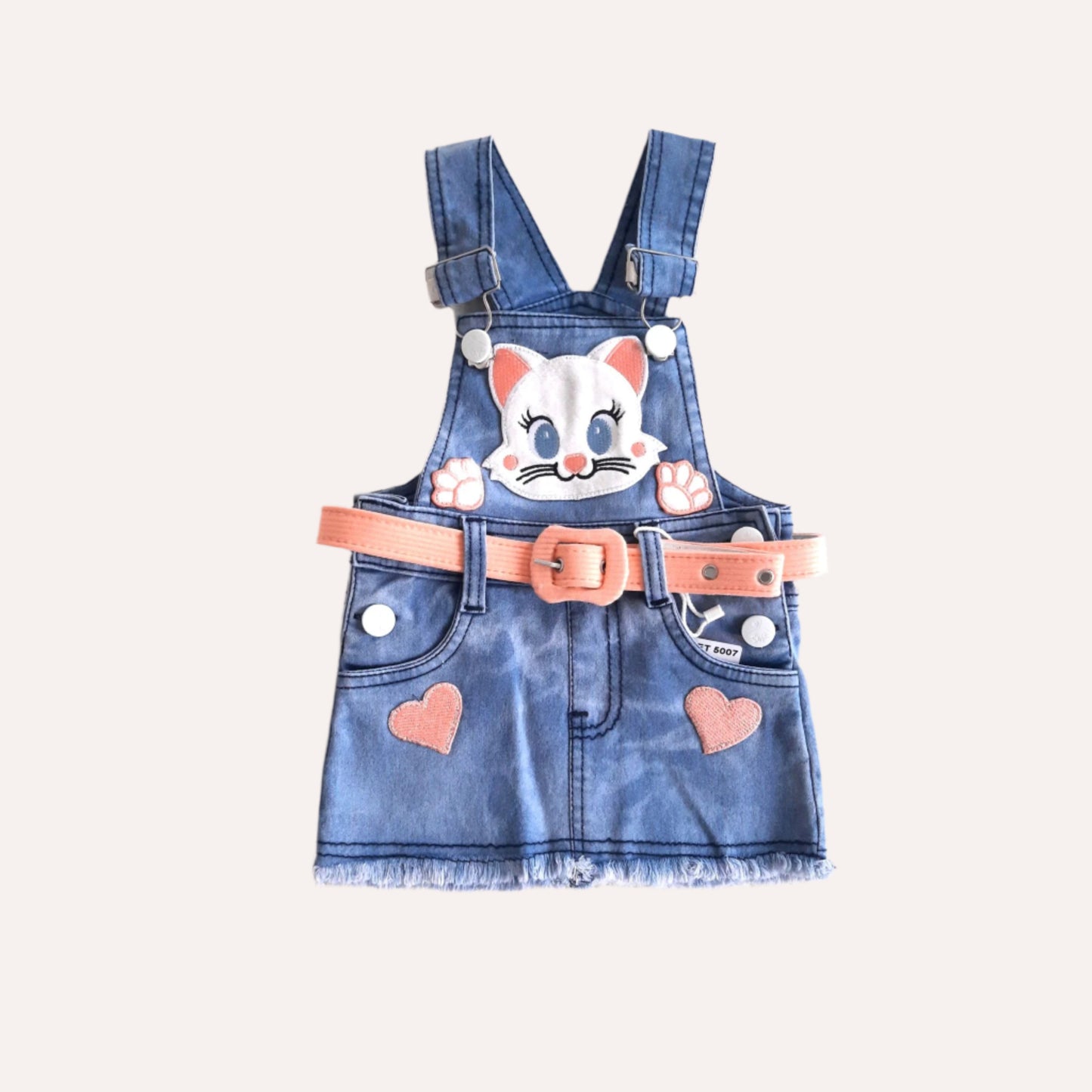 Peach Girl's Kitty Denim Pinafore Dress with Peach Top 2 piece Overall Set for 1-6 years old girl - BabyChirp