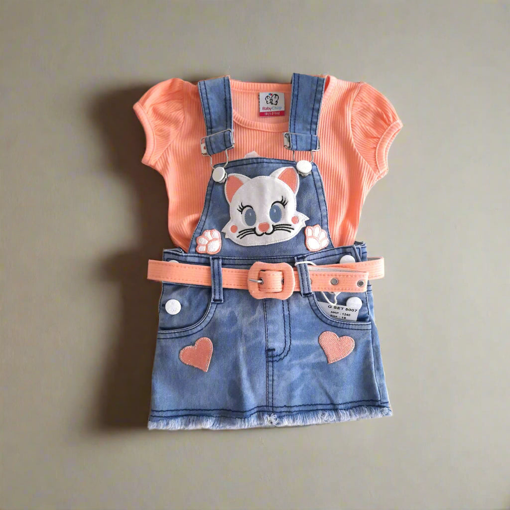 Peach Girl's Kitty Denim Pinafore Dress with Peach Top 2 piece Overall Set for 1-6 years old girl - BabyChirp