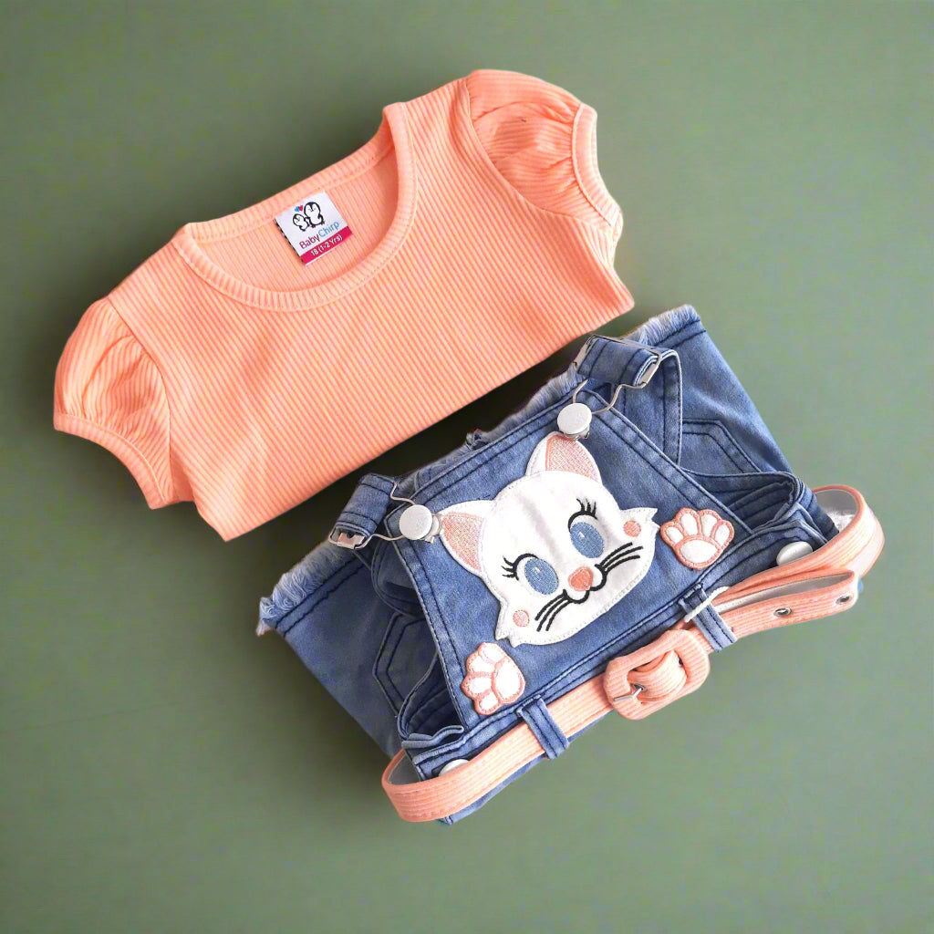 Peach Girl's Kitty Denim Pinafore Dress with Peach Top 2 piece Overall Set for 1-6 years old girl - BabyChirp