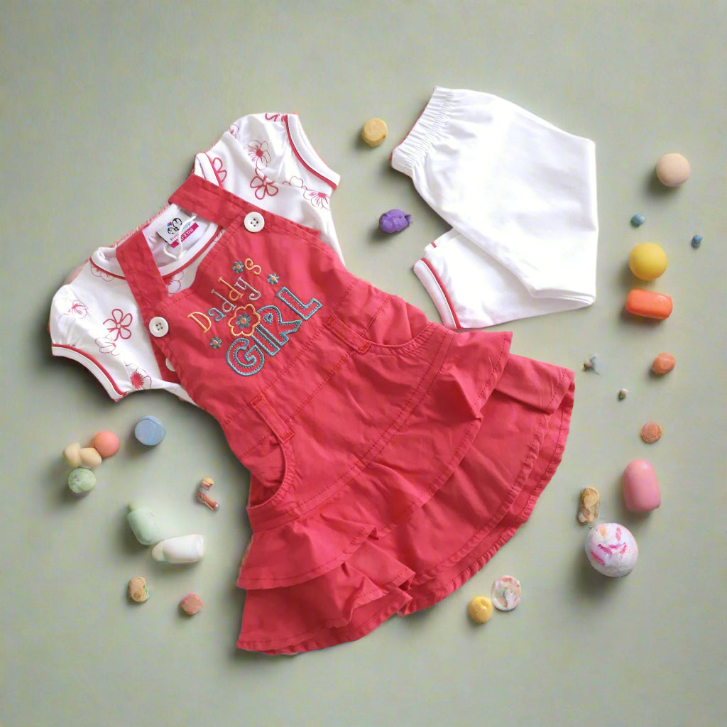 Peach Girls' Cotton Daddy' Girl Frock with White Floral Top and Leggings 3-Piece Outfit for Toddlers and Kids for 1-7 year old girl - BabyChirp 