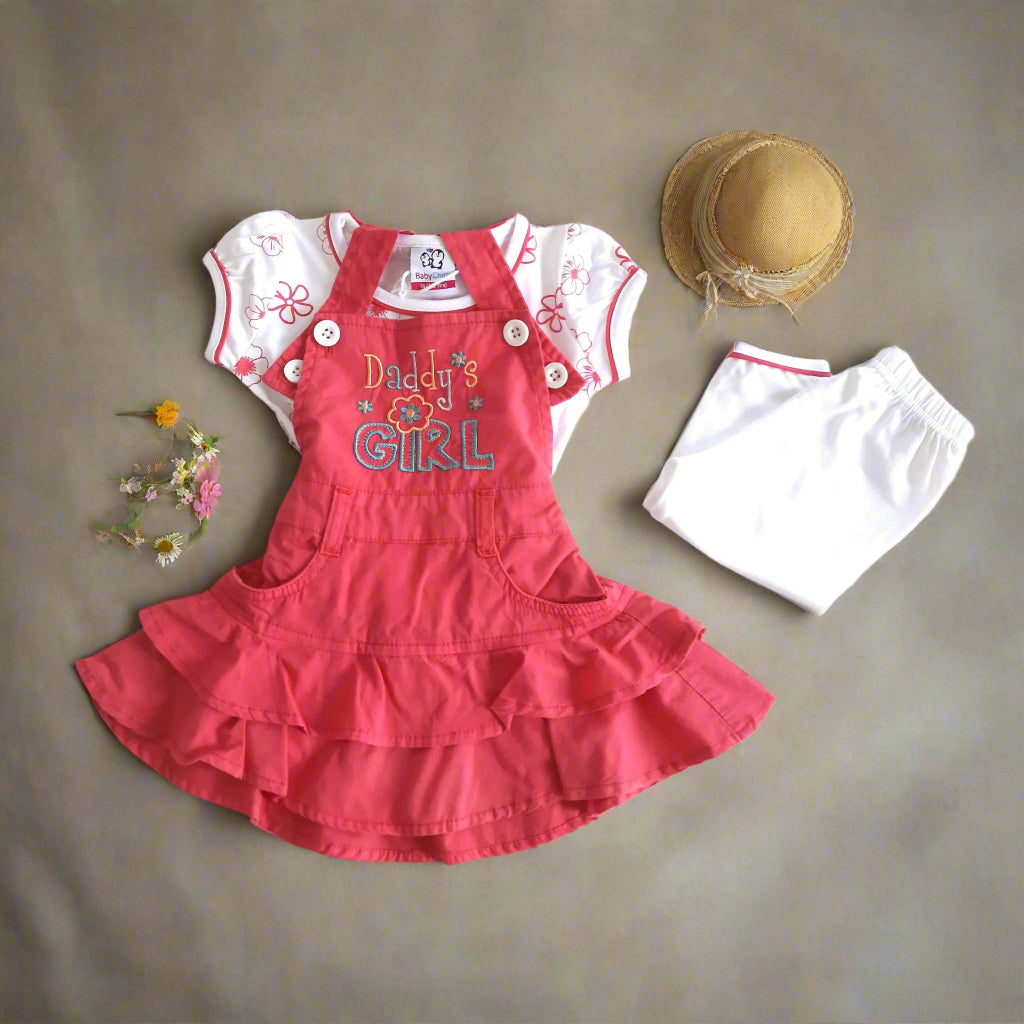 Peach Girls' Cotton Daddy' Girl Frock with White Floral Top and Leggings 3-Piece Outfit for Toddlers and Kids for 1-7 year old girl - BabyChirp 