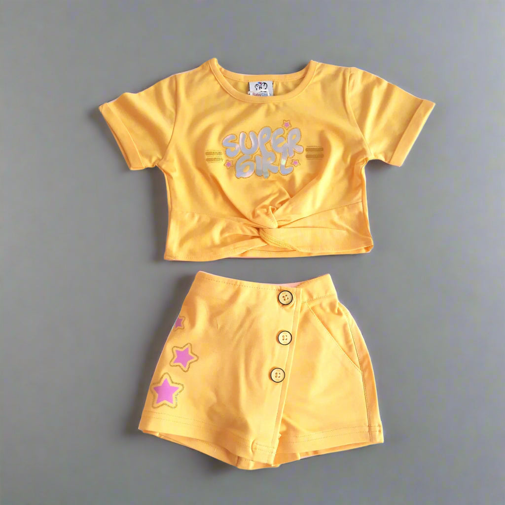 Lemon Yellow Girl's Super Girl Cotton Skort Set - 2 piece Set for 1-7 years old girl - BabyChirp 
