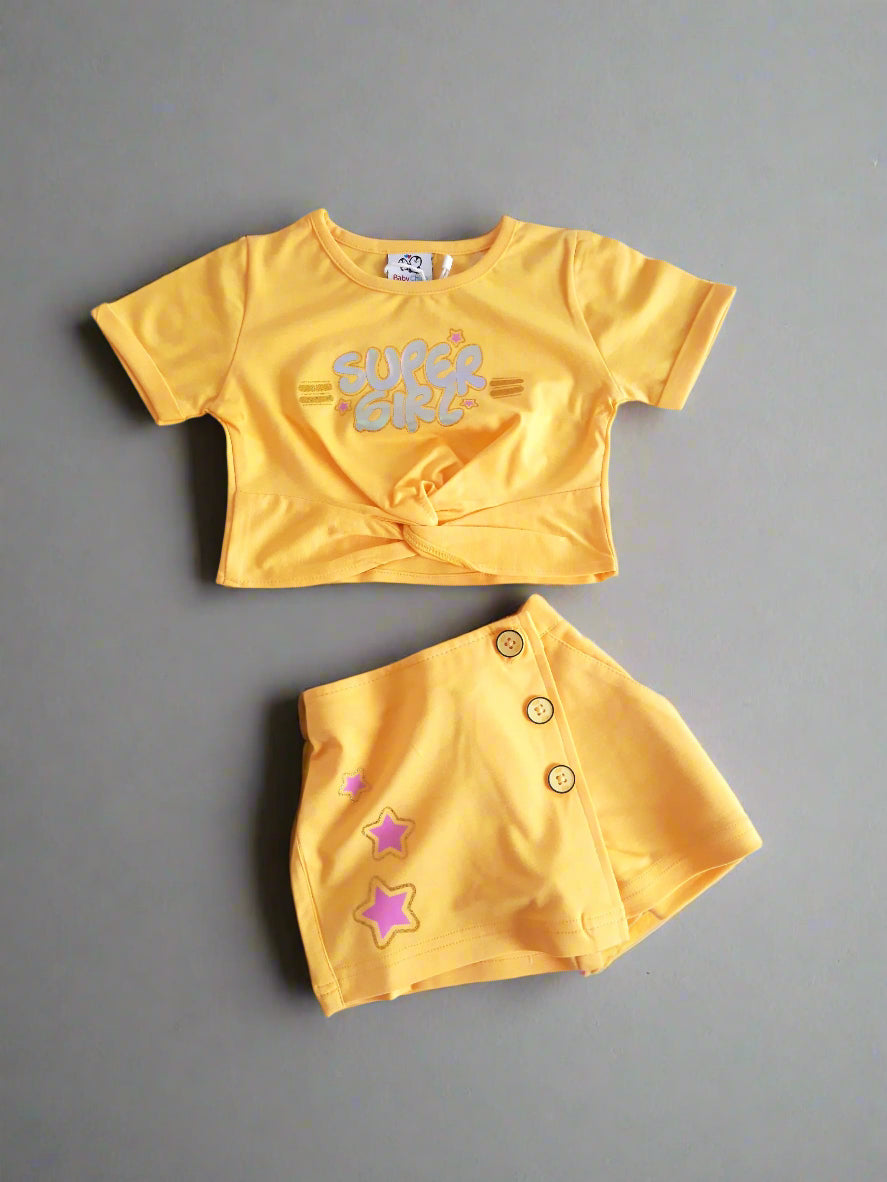 Lemon Yellow Girl's Super Girl Cotton Skort Set - 2 piece Set for 1-7 years old girl - BabyChirp 