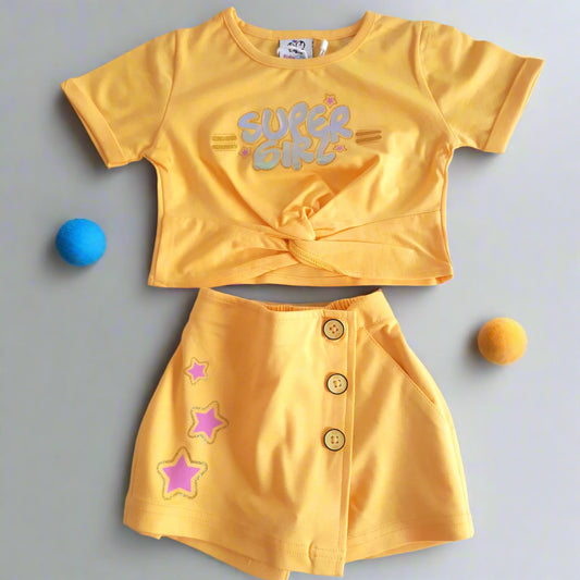 Lemon Yellow Girl's Super Girl Cotton Skort Set - 2 piece Set for 1-7 years old girl - BabyChirp 