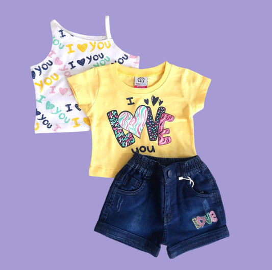 White - Yellow and Blue Girl's Cotton Denim Shorts Set with 2 Tshirts Top 3 piece Set 1-7 years -  BabyChirp 