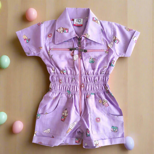 Purple Girls Playful Pure Cotton Jumpsuit with Cute Stylish Purse for 1-7 year old girl- BabyChirp 