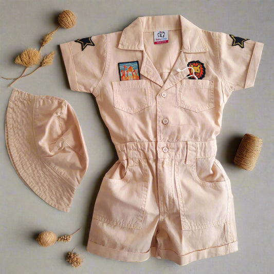 Beige Girls Jungle Safari Pure Cotton Jumpsuit with Hat Overall Dress for 1-7 year old girl-BabyChirp 
