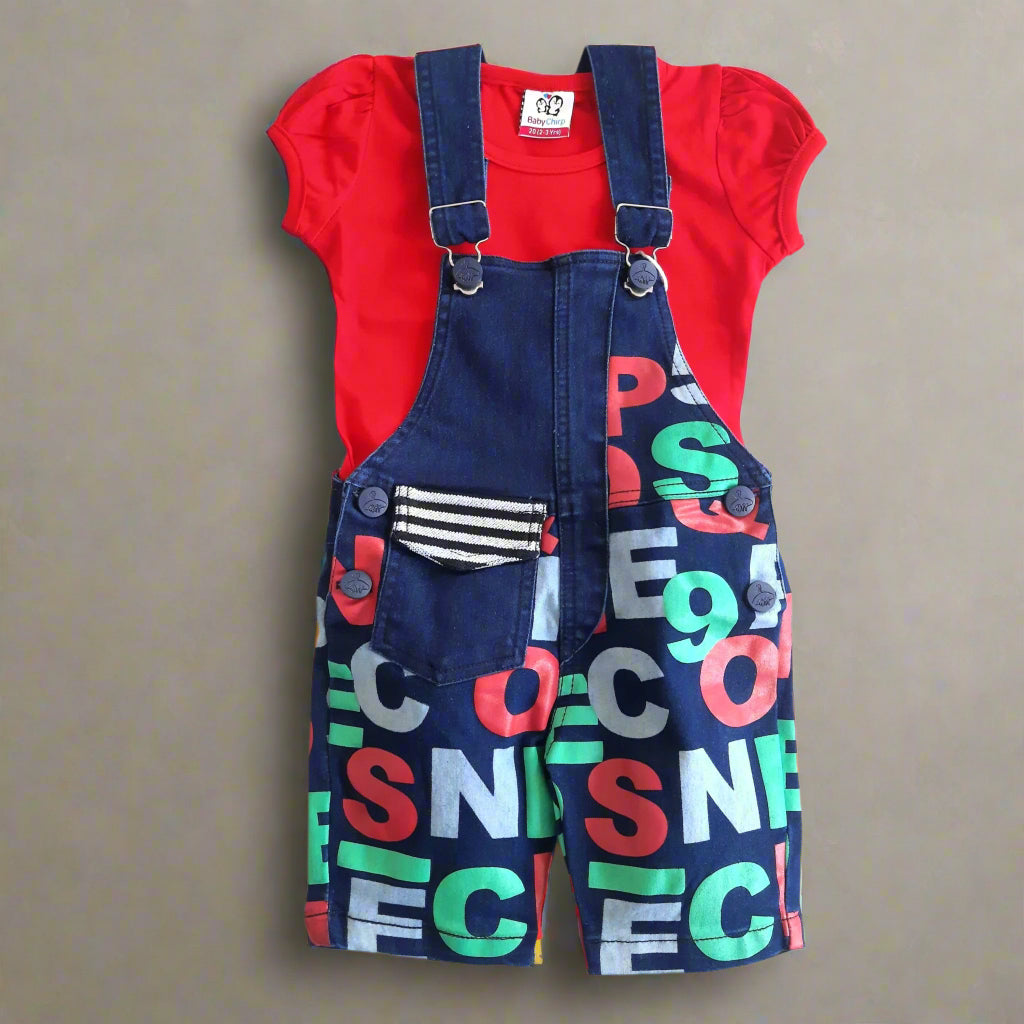 Blue & Red Girl's Denim Dungaree Set with Red Top 2 piece Overall Set for 1-6 year old girl - BabyChirp 