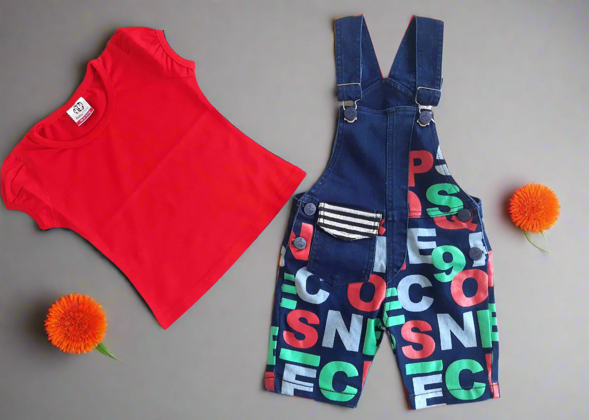 Blue & Red Girl's Denim Dungaree Set with Red Top 2 piece Overall Set for 1-6 year old girl - BabyChirp 