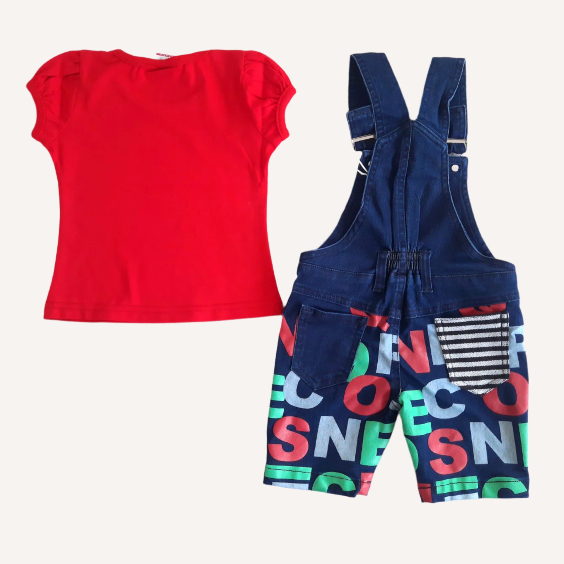 Blue & Red Girl's Denim Dungaree Set with Red Top 2 piece Overall Set for 1-6 year old girl - BabyChirp 