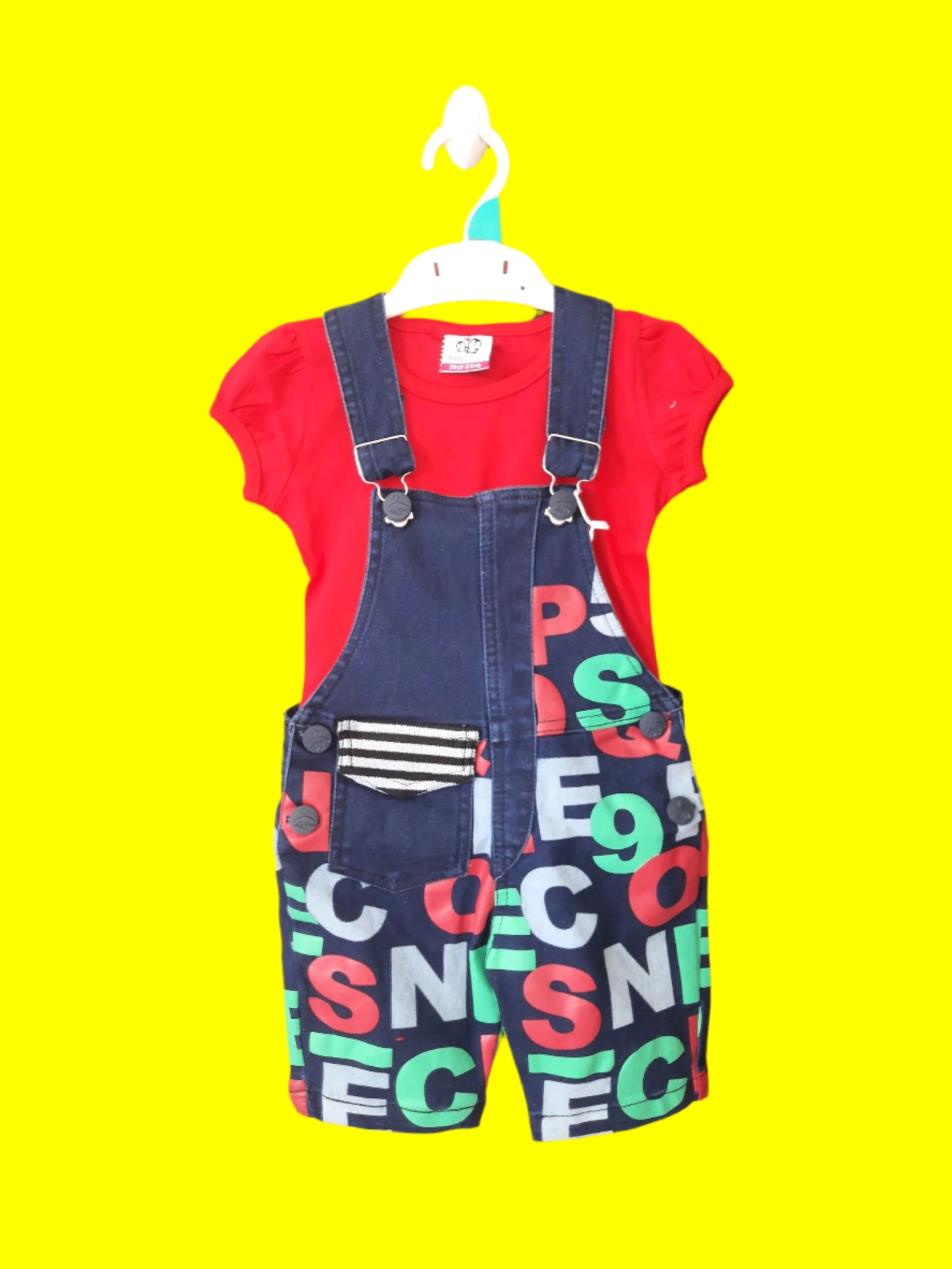 Blue & Red Girl's Denim Dungaree Set with Red Top 2 piece Overall Set for 1-6 year old girl - BabyChirp 
