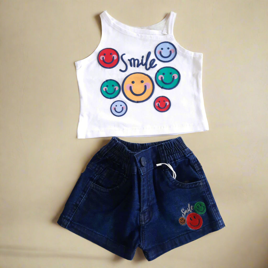 White & Blue Girl's Denim Shorts Set and Cotton Skirt Set 4 piece Overall Set 1-7 years - BabyChirp 