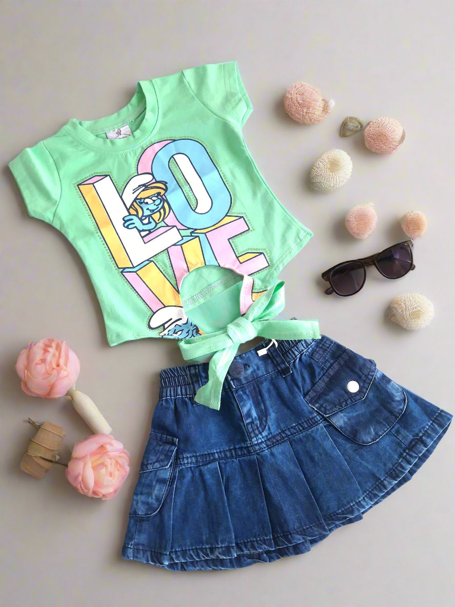 Pista Green Girl's Love Cotton  with Pista Green Top 2 piece Overall Set for 1-5 year old girl -  BabyChirp