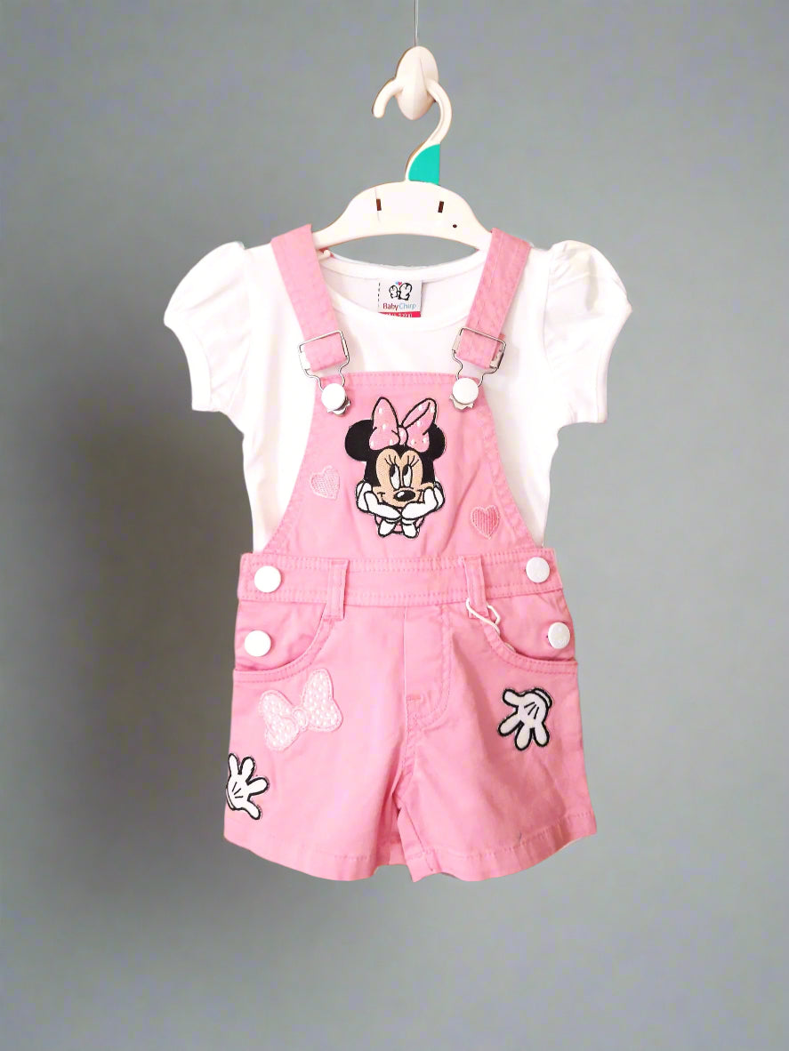 Pink & White Girl's Minnie Cotton Dungaree Shorts Set with White Top 2 piece Overall Set  for 1-6 years old girl- BabyChirp 
