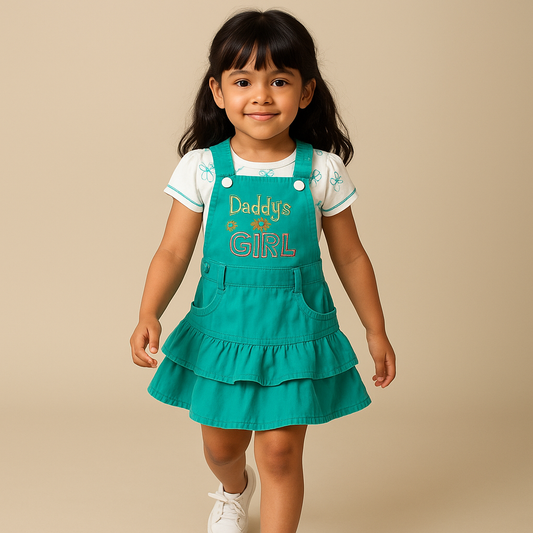 BabyChirp Girls 3-Piece Dungaree Frock Set with Floral Top & White Leggings – Teal Blue & White Outfit (1–7 Years)