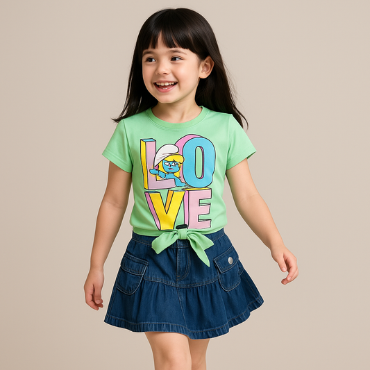 BabyChirp Girls Green Cartoon Print T-Shirt with Denim Skirt – 2-Piece Love Print Cotton Set (1–7 Years)