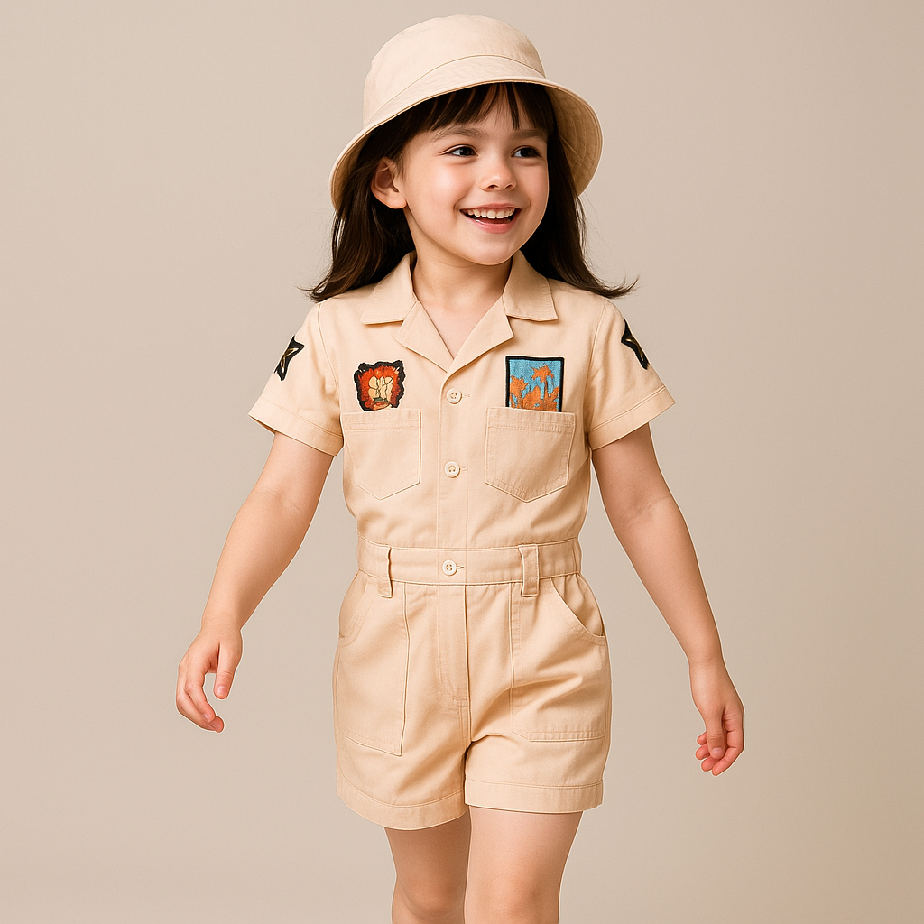 BabyChirp Girls Beige Safari Style Shirt Romper with Matching Hat – 2-Piece Cotton Adventure Outfit (1–7 Years)