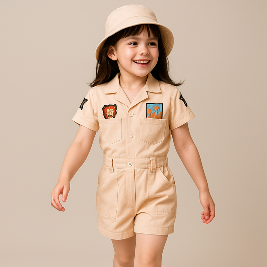 BabyChirp Girls Beige Safari Style Shirt Romper with Matching Hat – 2-Piece Cotton Adventure Outfit (1–7 Years)