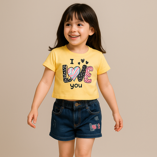 BabyChirp Girls Cotton Denim Shorts Set with 2 T-Shirts – 3-Piece Outfit in White, Yellow & Blue (1–7 Years)