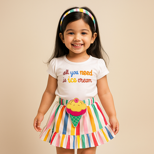 BabyChirp Girls Ice Cream Print Top & Striped Skirt Set with Removable Suspenders – Fun Party Outfit (1–7 Years)