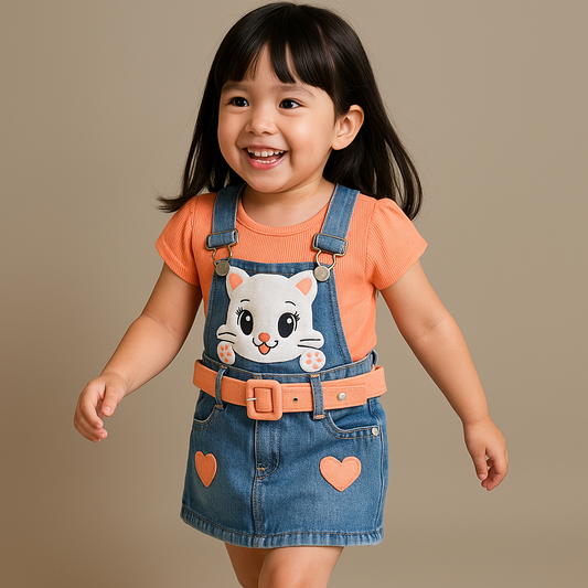 BabyChirp Girls Denim Dungaree Dress Set with Cat Embroidery & Peach Top – 2-Piece Outfit for 1–6 Years