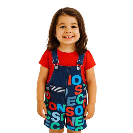 BabyChirp Girls Denim Dungaree Shorts Set with Red Cotton Top – 2-Piece Blue & Red Overall Outfit (1–6 Years)