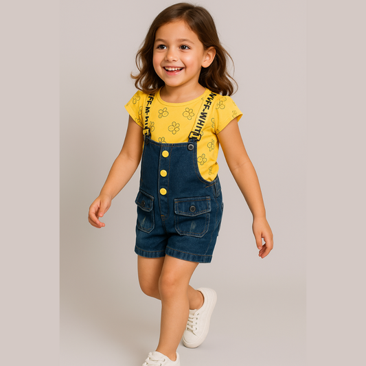 BabyChirp Girls Bunny Print Washed Denim Dungaree Shorts Set with Yellow Top – 2-Piece Green & Yellow Outfit with Pockets (1–6 Years)