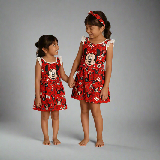 BabyChirp Girls Red Minnie Mouse Print Cotton Dungaree Shorts Dress with White Top & Matching Headband – 2–3 Piece Set (1–7 Years)