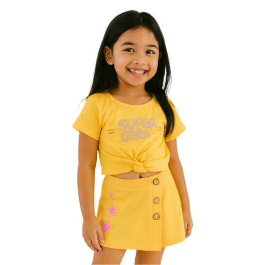 BabyChirp Girls Super Girl Print Cotton Lemon Skort Set – 2-Piece Outfit in Yellow (1–7 Years)