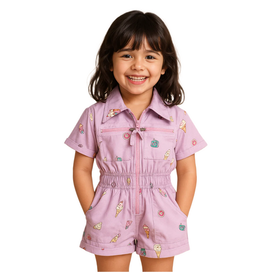 BabyChirp Girls Lavender Cotton Romper with Ice Cream & Donut Print – Zip-Front One-Piece with a Sling Bag Summer Outfit (1–7 Years)