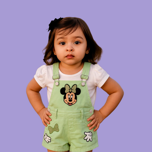 BabyChirp Girls Green Minnie Dungaree Shorts Set with White Cotton Top – 2-Piece Outfit (1–6 Years)