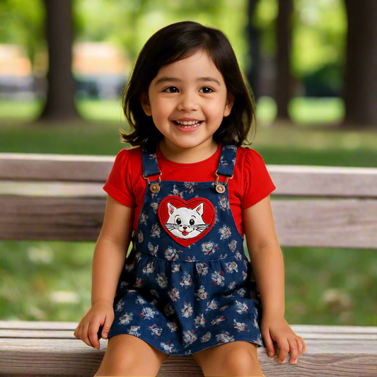 Child wearing a red shirt and blue overalls with a cartoon character, sitting on a bed.