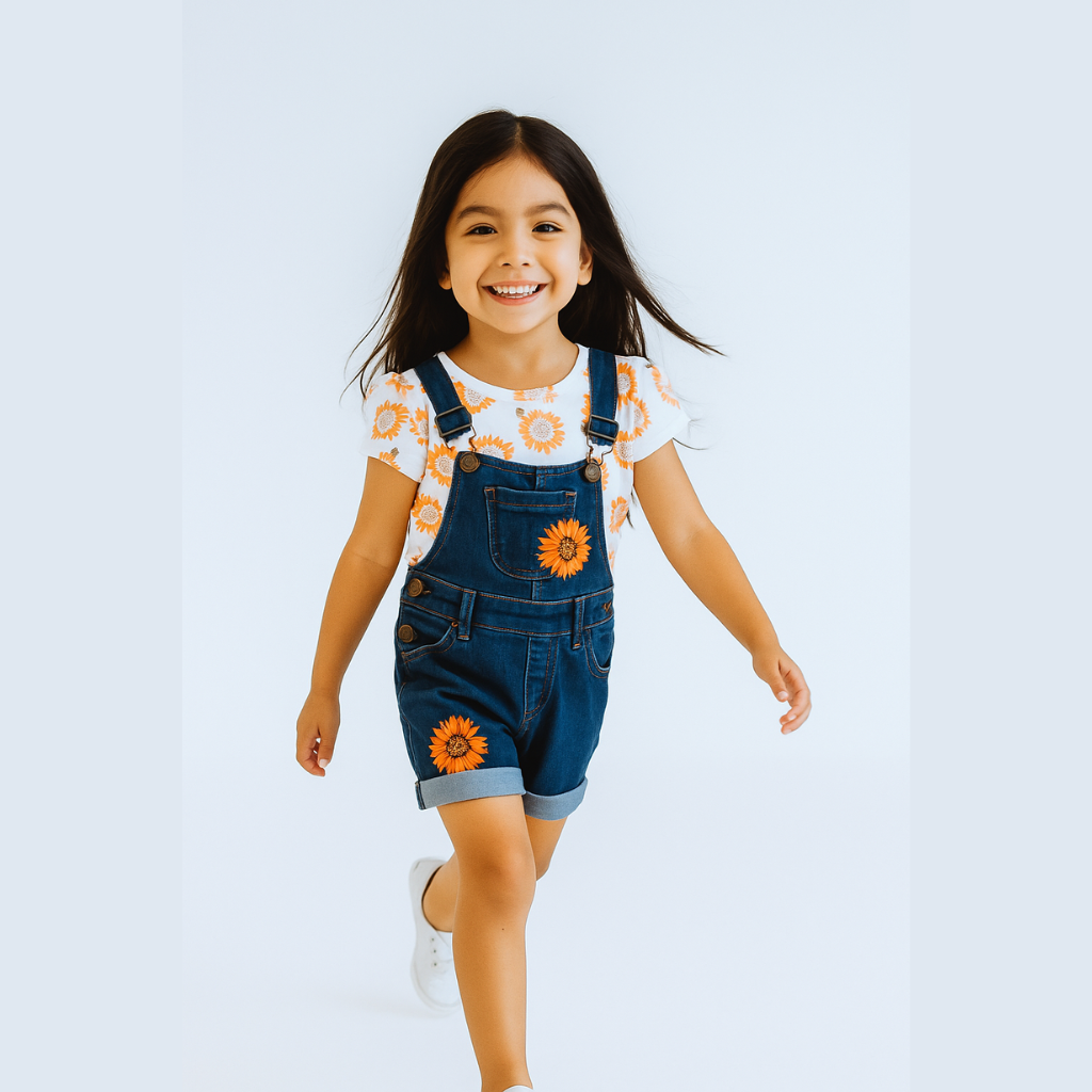 BabyChirp Girls Sunflower Print Denim Dungaree Set with White Cotton Top – 2-Piece Outfit (1–6 Years)