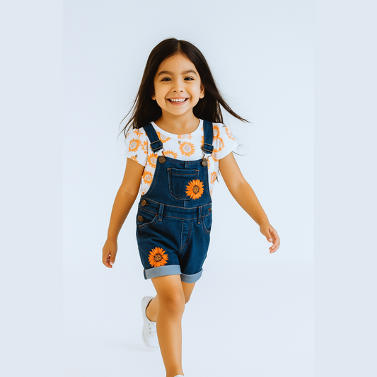 BabyChirp Girls Sunflower Print Denim Dungaree Set with White Cotton Top – 2-Piece Outfit (1–6 Years)