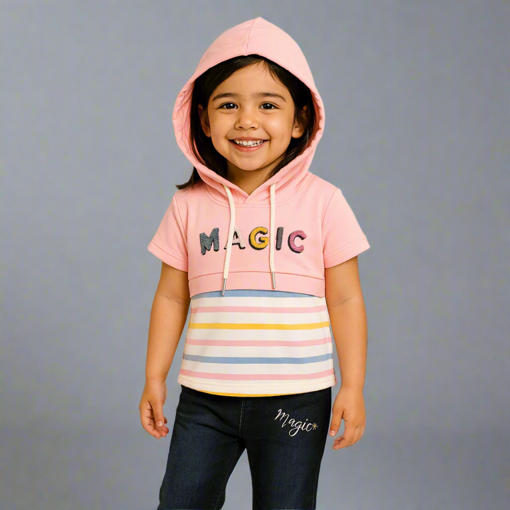 BabyChirp Girls “Magic” Hoodie Top & Denim Pants Set – Pink Striped Sweatshirt Style Outfit (1–5 Years)