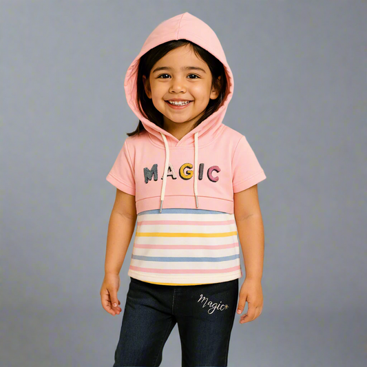 BabyChirp Girls “Magic” Hoodie Top & Denim Pants Set – Pink Striped Sweatshirt Style Outfit (1–5 Years)