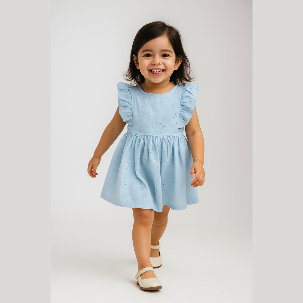 BabyChirp Girls Chikan Cotton Frock Dress – Light Blue Embroidered Sleeveless Party Wear (0–5 Years)