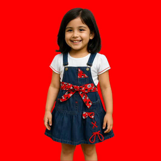 BabyChirp Girls Denim Pinafore Dress with White Top – Minnie Bow Design | Kids Clothing Set (1–7 Years)