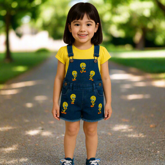 A yellow shirt and blue denim overalls with cartoon character print on a beige background