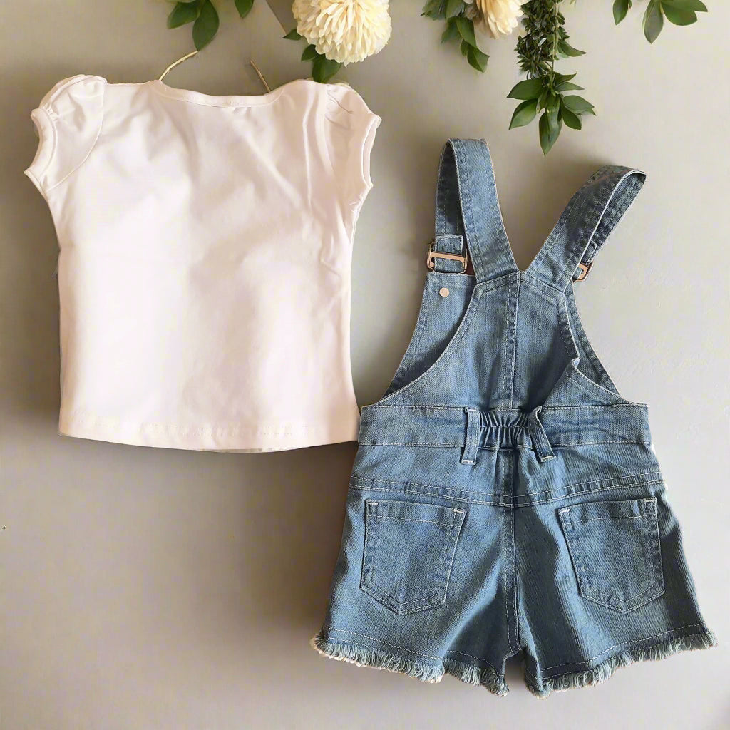 White and Blue Girls Mickey Denim Dungaree Shorts Set with White Cotton Solid T-Shirt Top 2-Piece Set Toddler and Kids Outfit for 1-5 year old girl - BabyChirp 