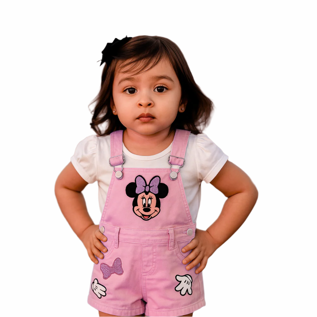 BabyChirp Girls Pink Minnie Dungaree Shorts Set with White Cotton Top – 2-Piece Outfit (1–6 Years)
