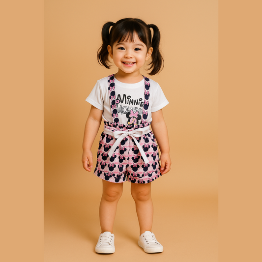 BabyChirp Girls Minnie Mouse Pink Pinafore Dress with White T-Shirt – 2-Piece Overall Set for Toddlers & Kids (1–4 Years)
